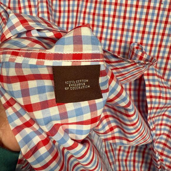 Tailorbyrd Mens Size 2XLT Gingham Button Up Shirt Red Blue Cotton Long Sleeves - Picture 9 of 9